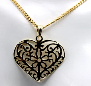 Genuine 9ct Yellow Gold Solid Filigree Heart Pendant & Necklace Chain-Free post - Picture 1 of 8