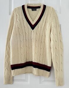 VTG Brooks Brothers Mens Ivory Cable Knit Tennis Sweater 100% Merino Wool Size M