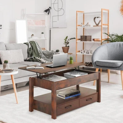 Mesa de centro con tapa elevadora de 2 cajones con compartimento oculto y estantes de almacenamiento rústica Foto 1 de 4
