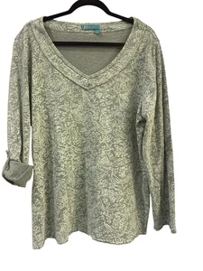Fresh Produce Green Long Sleeve V-Neck Top XL/XXL 100% Cotton Pattern Womens - Picture 1 of 7