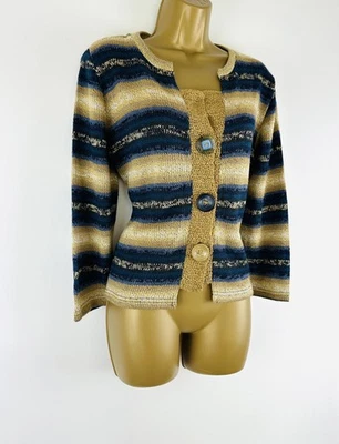 PER UNA ~ Navy Blue/Beige striped knit cardigan - Large Buttons SIZE 14 VGC - Image 1 of 4