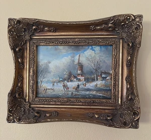 Antico dipinto olio su tavola paesaggio invernale impressionista stile olandese incorniciato - Foto 1 di 22