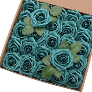 Artificial Flowers 50PCS Real Looking Dark Teal Roses Fake Roses with Stem fo... - Bild 1 von 6