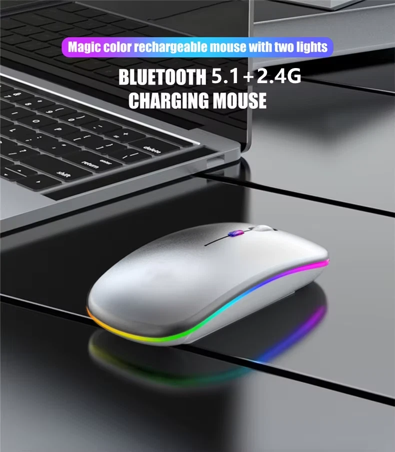 Rechargeable Slim Wireless Mouse RGB LED Dual USB + Bluetooth Mice Laptop PC Tab - Image 1 of 1