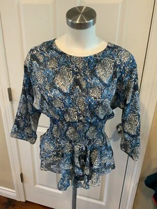 Parker Blue/Gray Splatter Print Peplum Top w/ Button Back, Size Small, NWT! - Picture 1 of 8