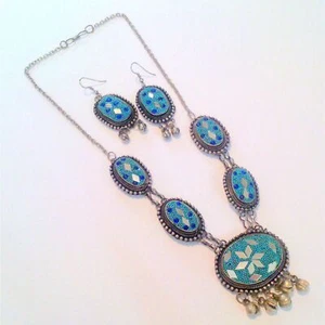 Middle Eastern Inspired Silver Tone Mirror Mosaic Necklace Earring Demi Set - Picture 1 of 7