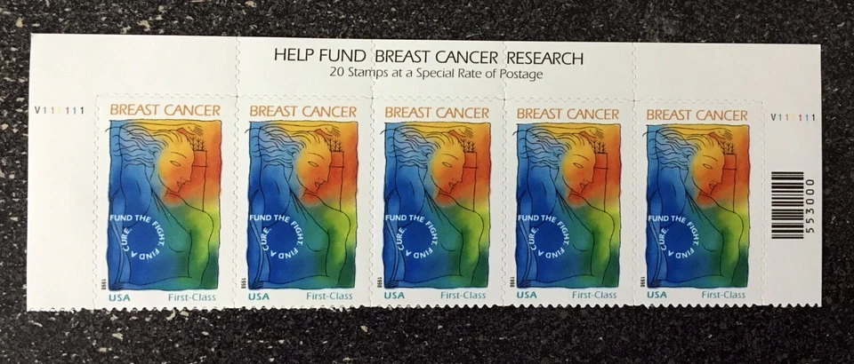 1998USA #B1 32c + 8c Help Breast Cancer Research  Semipostal - Header Strip of 5 - Image 1 of 1