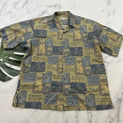 Tori Richard Mens Block Print Hawaiian Shirt Size XL Tan Blue Palms Beach Aloha - Image 1 of 4
