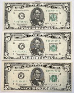 1950 D $5 UNC Federal Reserve Note GRANAHAN/DILLON United States 3 Banknotes - Picture 1 of 2
