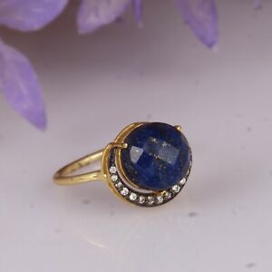 18K Yellow Gold Plated Lapis Lazuli and CZ Crescent Moon Designer Women Rings