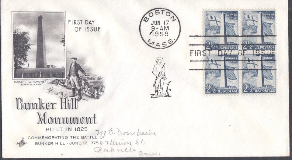 USA 1959 FIRST DAY COVER BATTLE OF BUNKER HILL MONUMENT IN BLOCK OF 4 + CAHCET - Image 1 of 1