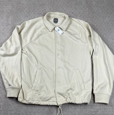 NWT Gap Jacket Mens Medium Fleece Coach Organic Cotton Blend Snap Bomber Cream - Image 1 of 4