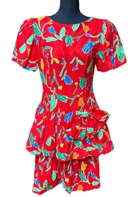 Vestido Connections Vintage Rojo Floral Detalle Lazo Talla 6 Foto 1 de 4