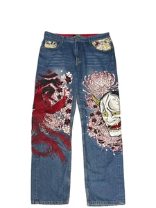 Bukkirabou Men's Denim Jeans Pants Embroidered Phoenix Hannya Size 34 Japan - Picture 1 of 10