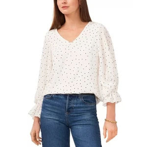 Vince Camuto Women White Dotted Long Sleeve Smocked Cuff V-Neck Blouse Size S - Picture 1 of 8