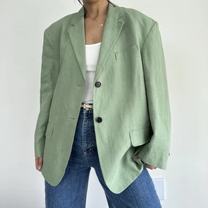 Theory Linen Blazer Womens Medium M/L Green Oversized Galena Boxy Jacket Luxury - Picture 1 of 14