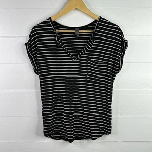 ALYA Black White Stripes Rolled Cuff Short Sleeve Open V Neck Shirt Top Size XS - Picture 1 of 13
