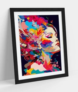 MULTICOLOUR ABSTRACT BEAUTIFUL WOMAN FRAMED WALL ART POSTER PRINT 4 SIZES - Picture 1 of 10