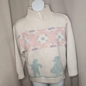 Sweater JJ Fargo Spring Flowers Kids Handknit Pastel Button Neck Med Vintage 80s - Picture 1 of 6