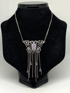 Pilgrim Butterfly Dangle Necklace Silver Tone Lilac Rhinestone Danish Adjustable - Picture 1 of 7