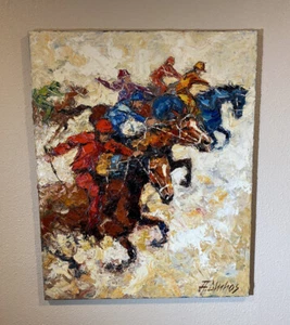 ORIGINAL ANDRE DLUHOS PAINTING "THE RUN IN SIENA" 2013 HORSE RACING 30" x 24"  - Picture 1 of 10