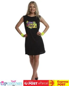 Womens Black 1990s' Party Girl Retro Dress Up Costume Ladies Halloween - Picture 1 of 3