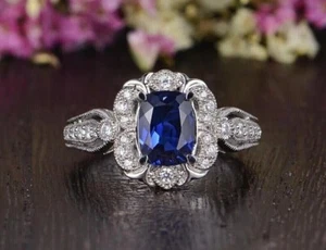 Women's 3CT Cushion Lab Created Blue Sapphire Wedding Ring 14K White Gold Plated - Picture 1 of 6
