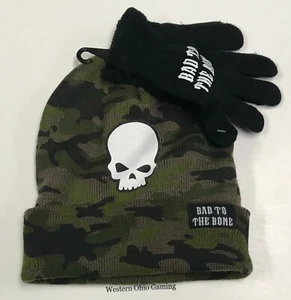 Boy's Bad To The Bone Beanie Hat Glove Combo NEW Winter Camouflage Set Skull - Picture 1 of 2