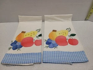 Vintage Fruit Dish Towel Applique Blue Gingham Kitchen Crafts 13" X 20" Set Of 2 - Picture 1 of 5