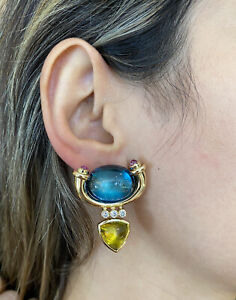 Blue Topaz, Tourmaline Cabochons & Diamond Earrings in 18k Yellow Gold -HM2276SZ