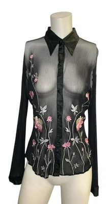 Camisa Y2K Vivienne Tam Años 90 Transparente Floral Bordado Cuello Puño Negra Rosa Foto 1 de 4