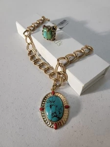 Barse Genuine  Bronza & Genuine Turquoise Cocktail Necklace And Ring - Picture 1 of 11