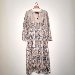Mint Velvet Dress 12 NEW Champagne Silver Sequin Midi Lined V Neck Christmas - Picture 1 of 17