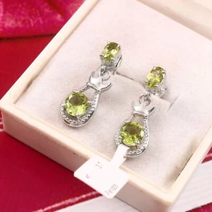 Peridot Gemstone Earrings Long Drop Sterling Silver Anniversary Gift for Her US - Picture 1 of 8