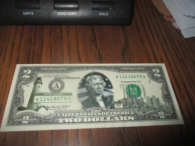$2 2003  STATE COMMEMORATIVE COLORIZED BILL MASSACHUSETTS  FEDERAL RESERVE NOTE - Image 1 of 4
