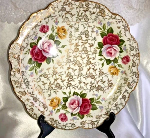 VINTAGE OLD FOLEY JAMES KENT STAFFORDSHIRE Rose & gold chintz CAKE PLATE c1955+ - Picture 1 of 5