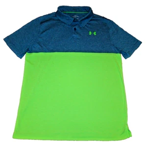Under Armour Boys Size YLG Heatgear Neon Green Blue Colorblock Polo Golf Shirt - Picture 1 of 5