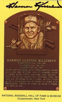 Harmon Killebrew Signed Yellow Hall of Fame Plaque Postcard JSA Auto HOF Card - Image 1 of 3