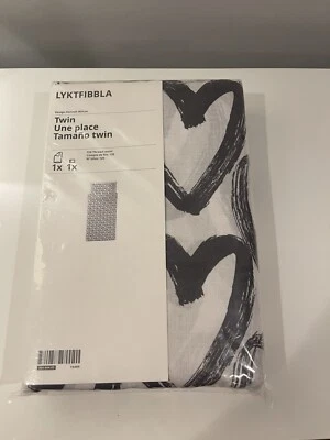 IKEA LYKTFIBBLA Twin Duvet Cover & Pillowcase Bed Set Gray and White Hearts NEW - Image 1 of 4