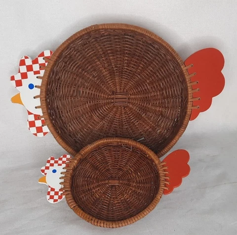Set of Chicken Wicker Rattan Woven Round Painted Serving Decorative Baskets Cover