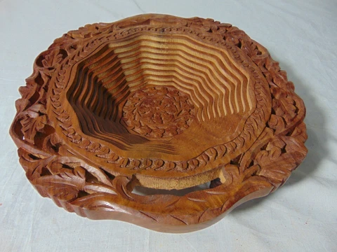 Wooden Spring Tray Leaf Design Handle cuttingFruit Serving with Carved Handmade Cover