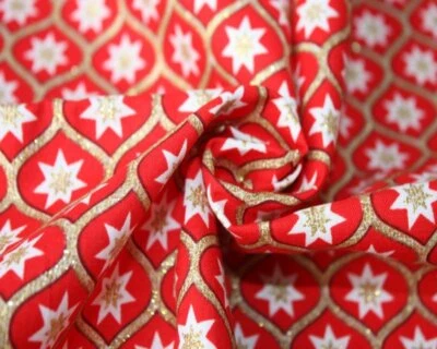 Red Christmas Star Print Gold Glitter 100% Cotton - BY THE METER -53"/134cm Wide
