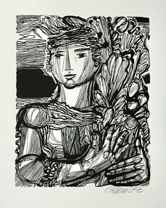 Hans Otto Orlowski (1894-1967) signierter Holzschnitt "Mädchen mit Blumenstrauß" - Bild 1 von 12