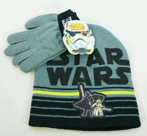 Disney Star Wars Darth Vader Yoda Gray & Black Beanie Hat Gloves Kids Gift Set - Picture 1 of 4