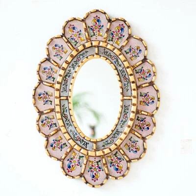 Peruvian Painted glass oval mirror wall art decor | Pink Wall Hanging oval mirro - Image 1 of 4