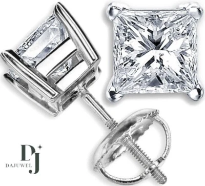 Moissanite Stud Earrings Solid 14K White Gold 2 Carat Princess Cut VVS1 For Her - Image 1 of 4