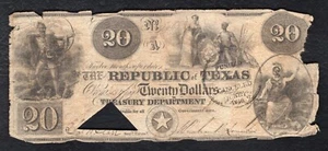 1839 $20 THE REPUBLIC OF TEXAS AUSTIN, TX OBSOLETE CURRENCY NOTE (E) - Picture 1 of 2