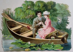 LARGE TUCK VICTORIAN EMBOSSED PIERCED SCRAP ROMANTIC BOAT RIDE/LILY PADS 16x12cm - Picture 1 of 4