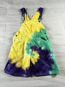 NOLA Colors Kids Tie-Dye Overalls Shorts Yellow Green Purple Cotton Size L - Picture 1 of 9