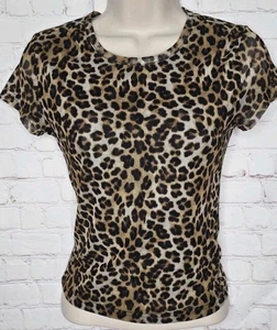 Vtg Y2K Cheetah animal Print  Mesh Semi Sheer Short Sleeve Shirt Womens Sz S - Picture 1 of 9